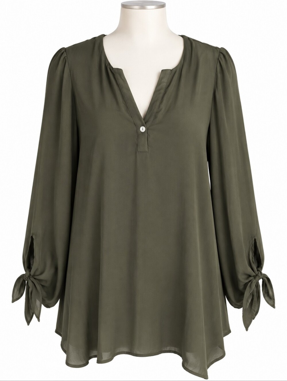 Show Me Your Mumu Blouse M Olive Green Satin Tunic Flowy Bell Tie Sleeve Top